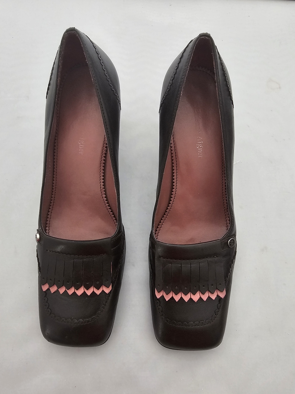 Etienne Aigner Black Leather Loafers with Pink Accent Fringe